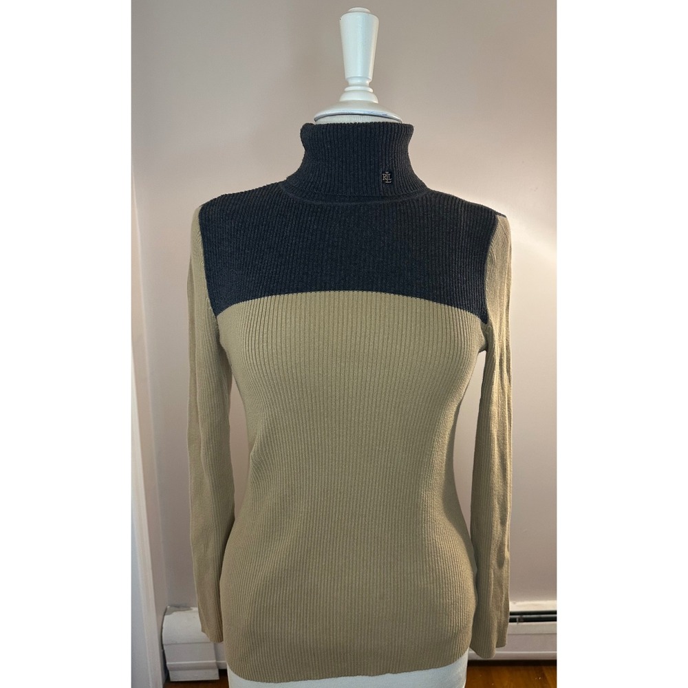 Lauren Ralph Lauren Womens Ribbed Turtleneck Sweater Tan Grey Colorblock Medium